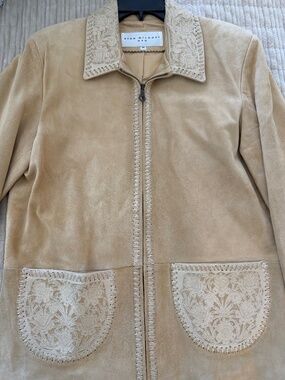 Alan Michael USA Tan Suede Jacket with Tooled Leather Collar & Pockets, Size M